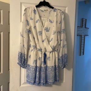 Japna gauzy white and sky blue print elastic waist romper, size XL.